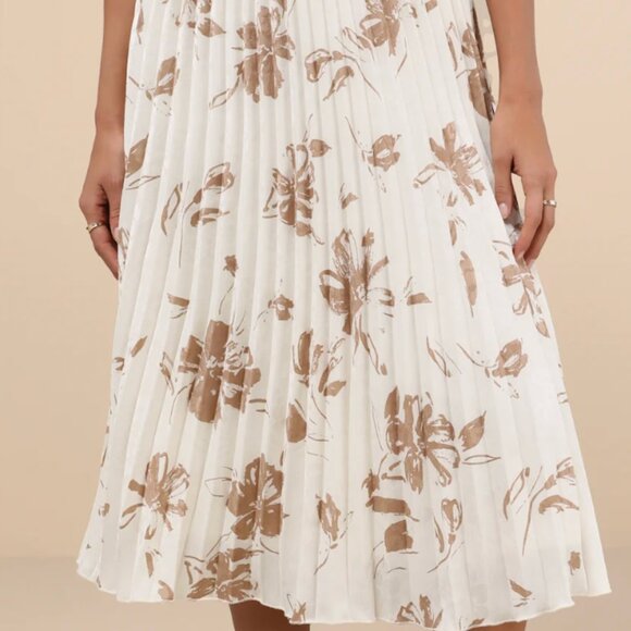Lulus Easily Delightful Ivory Floral Satin Pleated Jacquard Midi Skirt White NWT - Picture 2 of 3
